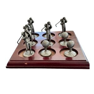 VTG Golf Themed Tic Tac Toe Set Dark Wood Pewter Golf Pieces Man Cave Bar Unique